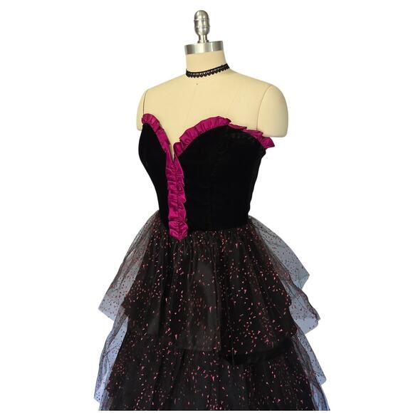 Gunne Sax Vintage 80s Velvet Ruffle Midi Prom Dress Size S Black Purple Sparkle - Picture 6 of 8